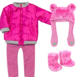Kids Teamson Sophia's 4 Piece Winter Outfit with Bear faux fur Hat Set for 18'' Dolls, Hot Pink