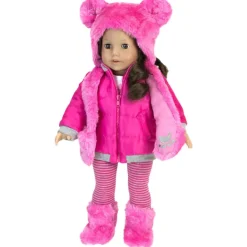 Kids Teamson Sophia's 4 Piece Winter Outfit with Bear faux fur Hat Set for 18'' Dolls, Hot Pink