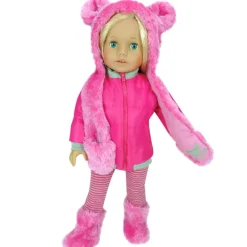 Kids Teamson Sophia's 4 Piece Winter Outfit with Bear faux fur Hat Set for 18'' Dolls, Hot Pink