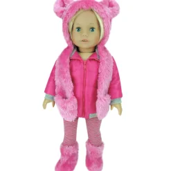 Kids Teamson Sophia's 4 Piece Winter Outfit with Bear faux fur Hat Set for 18'' Dolls, Hot Pink
