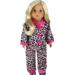 Kids Teamson Sophia's Animal Print Pajama Shirt, Pants and Slippers for 18" Dolls, Pink/Black