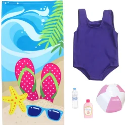 Kids Teamson Sophia’s Beach Day Play Set with Bathing Suit, Towel, Water Bottle, Sunscreen, & Inflatable Beach Ball for 18” Dolls