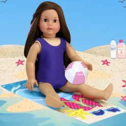 Kids Teamson Sophia’s Beach Day Play Set with Bathing Suit, Towel, Water Bottle, Sunscreen, & Inflatable Beach Ball for 18” Dolls