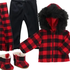 Kids Teamson Sophia’s Buffalo Check Faux Fur-Trimmed Coat, Scarf, Leggings, and Boots for 18” Dolls, Black/Red