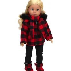 Kids Teamson Sophia’s Buffalo Check Faux Fur-Trimmed Coat, Scarf, Leggings, and Boots for 18” Dolls, Black/Red