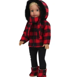 Kids Teamson Sophia’s Buffalo Check Faux Fur-Trimmed Coat, Scarf, Leggings, and Boots for 18” Dolls, Black/Red