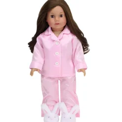 Kids Teamson Sophia's Classic Satin Pajama with Fuzzy Bunny Slippers for 18" Dolls, Pink