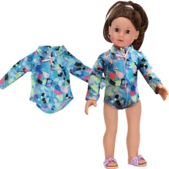 Kids Teamson Sophia's Colorful Collage Print Long Sleeve Rash Guard Swimsuit for 18" Dolls, Blue- FINAL SALE