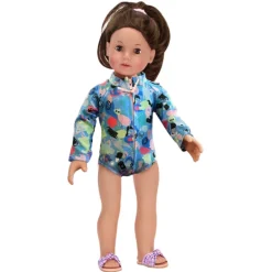 Kids Teamson Sophia's Colorful Collage Print Long Sleeve Rash Guard Swimsuit for 18" Dolls, Blue- FINAL SALE