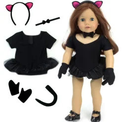 Kids Teamson Sophia’s Complete Six-Piece Jazz Dance Leotard & Kitty Cat Costume with Gloves, Tail, Choker, & Ears for 18” Dolls, Black