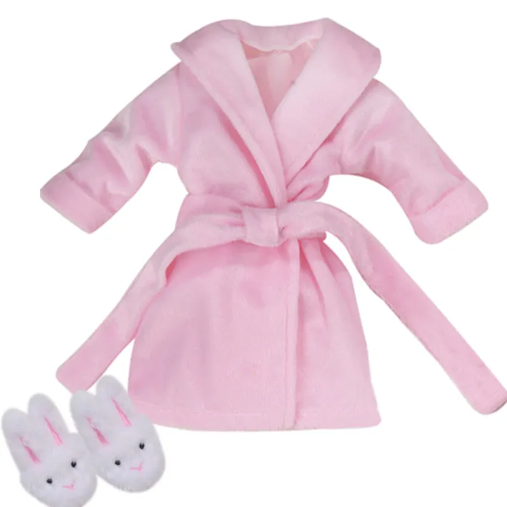 Kids Teamson Sophia's Cozy & Soft Spa Day Bathrobe and Fuzzy Bunny Slippers with Embroidered Details for 18" Dolls, Pink/White