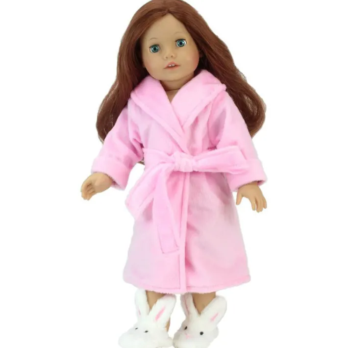 Kids Teamson Sophia's Cozy & Soft Spa Day Bathrobe and Fuzzy Bunny Slippers with Embroidered Details for 18" Dolls, Pink/White