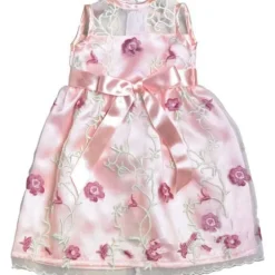 Kids Teamson Sophia’s Embroidered Flower Sheer Overlay Fancy Special Occasion Spring Satin Dress for 18” Dolls, Light Pink
