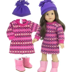 Kids Teamson Sophia's Fair Isle Knit Sweater Dress and Winter Pom-Pom Hat for 18" Dolls, Hot Pink/Purple- FINAL SALE