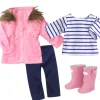 Kids Teamson Sophia’s Faux Fur Trimmed Parka, Leggings, T-Shirt, and Rain Boots for 18" Dolls, Navy/Pink/White