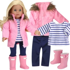 Kids Teamson Sophia’s Faux Fur Trimmed Parka, Leggings, T-Shirt, and Rain Boots for 18" Dolls, Navy/Pink/White