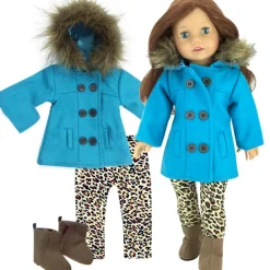 Kids Teamson Sophia's Faux Fur Trimmed Pea Coat, Animal Print Leggings, and Brown Booties for 18" Dolls, Aqua/Brown- FINAL SALE