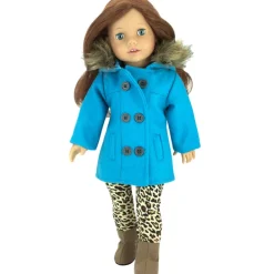 Kids Teamson Sophia's Faux Fur Trimmed Pea Coat, Animal Print Leggings, and Brown Booties for 18