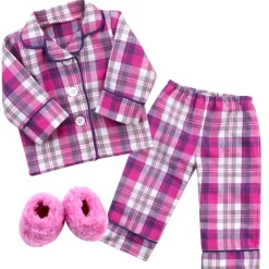 Kids Teamson Sophia's Flannel Pajama and Fuzzy Slippers for 18'' Dolls, Pink/Purple/White