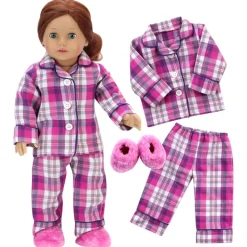 Kids Teamson Sophia's Flannel Pajama and Fuzzy Slippers for 18'' Dolls, Pink/Purple/White