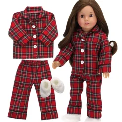 Kids Teamson Sophia's Flannel Pajama and Fuzzy Slippers for 18'' Dolls, Red/Black/White
