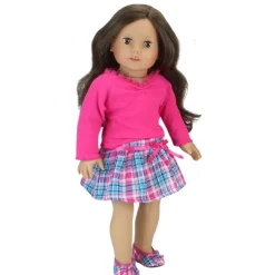 Kids Teamson Sophia's Flared-Sleeved Shirt & Pleated Plaid Skirt for 18" Dolls, White/Hot Pink/Blue- FINAL SALE