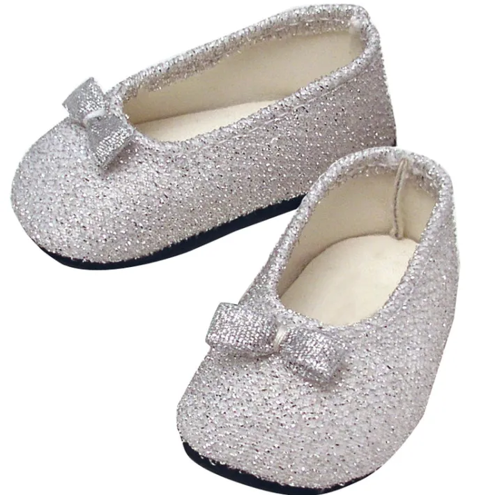 Kids Teamson Sophia's Flat Glitter Shoes with Bow for 18" Dolls, Silver- FINAL SALE