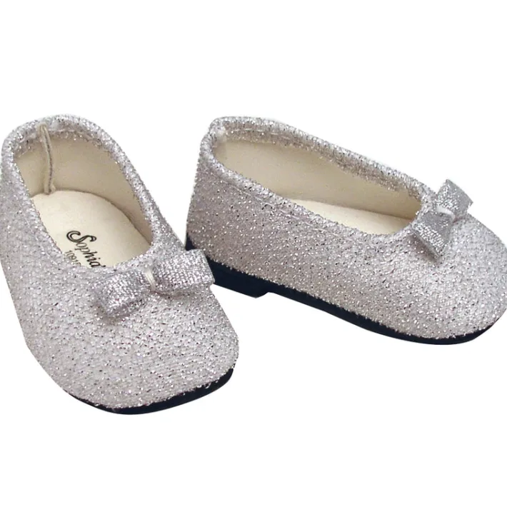 Kids Teamson Sophia's Flat Glitter Shoes with Bow for 18" Dolls, Silver- FINAL SALE