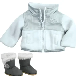 Kids Teamson Sophia's Fleece Zip-Up Jacket with Faux Suede Ewe Boots for 18" Dolls, White/Gray