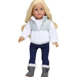 Kids Teamson Sophia's Fleece Zip-Up Jacket with Faux Suede Ewe Boots for 18" Dolls, White/Gray