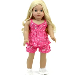 Kids Teamson Sophia’s Floral Lace-Trimmed Two-Piece Matching Pajama Set for 18” Dolls, Hot Pink