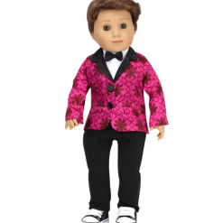 Kids Teamson Sophia's Floral Print Satin Blazer, White Dickie with Bow Tie, and Dress Pants for 18"Dolls, Magenta/Black- FINAL SALE