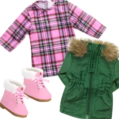 Kids Teamson Sophia's Fur Trimmed Green Parka, Pink Plaid Dress, and Lace-Up Pink Boots for 18" Dolls- FINAL SALE