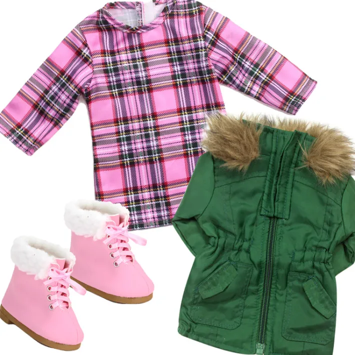 Kids Teamson Sophia's Fur Trimmed Green Parka, Pink Plaid Dress, and Lace-Up Pink Boots for 18" Dolls- FINAL SALE