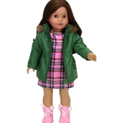 Kids Teamson Sophia's Fur Trimmed Green Parka, Pink Plaid Dress, and Lace-Up Pink Boots for 18" Dolls- FINAL SALE