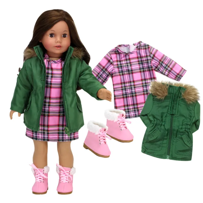 Kids Teamson Sophia's Fur Trimmed Green Parka, Pink Plaid Dress, and Lace-Up Pink Boots for 18" Dolls- FINAL SALE