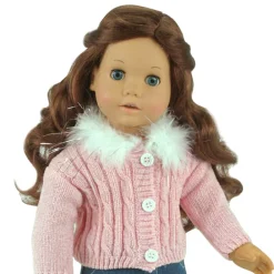 Kids Teamson Sophia's Fur Trimmed Pink Cardigan, Denim Skirt and Heart Print Tightsfor 18