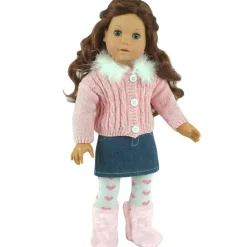Kids Teamson Sophia's Fur Trimmed Pink Cardigan, Denim Skirt and Heart Print Tightsfor 18
