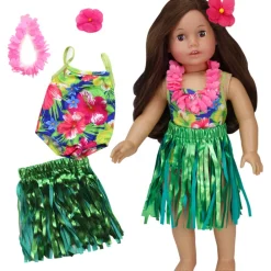 Kids Teamson Sophia's Hawaiian Hibiscus Print Bathing Suit, Grass Skirt, Lei and Hair Flower for 18'' Dolls, Multi
