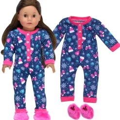 Kids Teamson Sophia’s Hot Cocoa Print Long-Sleeved Onesie with Fuzzy Slippers for 18” Dolls, Navy/Hot Pink