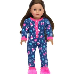 Kids Teamson Sophia’s Hot Cocoa Print Long-Sleeved Onesie with Fuzzy Slippers for 18” Dolls, Navy/Hot Pink