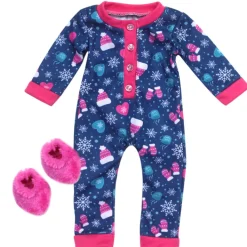 Kids Teamson Sophia’s Hot Cocoa Print Long-Sleeved Onesie with Fuzzy Slippers for 18” Dolls, Navy/Hot Pink