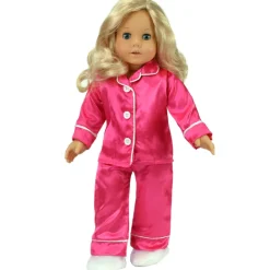 Kids Teamson Sophia's Hot Pink Satin Pajamas and White Fuzzy Slippers Set for 18" Dolls