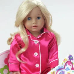 Kids Teamson Sophia's Hot Pink Satin Pajamas and White Fuzzy Slippers Set for 18