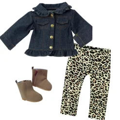 Kids Teamson Sophia's Jean Jacket, Cheetah Print Leggings, and Brown Faux Suede Booties for 18" Dolls- FINAL SALE