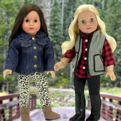 Kids Teamson Sophia's Jean Jacket, Cheetah Print Leggings, and Brown Faux Suede Booties for 18