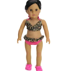 Kids Teamson Sophia's Leopard Print Bikini Swimsuit with Ruffle Details for 18"Dolls, Tan/Hot Pink- FINAL SALE