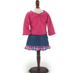 Kids Teamson Sophia’s Long-Sleeved C"ed Tee & Denim Skirt with Plaid Ruffle Trim for 18” Dolls, Hot Pink/Blue