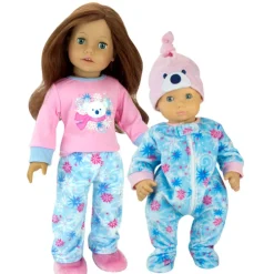 Kids Teamson Sophia's Long-Sleeved Polar Bear Tee, Snowflake Print Pants, and Fuzzy Slippers for 18"Dolls, Pink/Blue- FINAL SALE