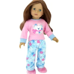 Kids Teamson Sophia's Long-Sleeved Polar Bear Tee, Snowflake Print Pants, and Fuzzy Slippers for 18"Dolls, Pink/Blue- FINAL SALE